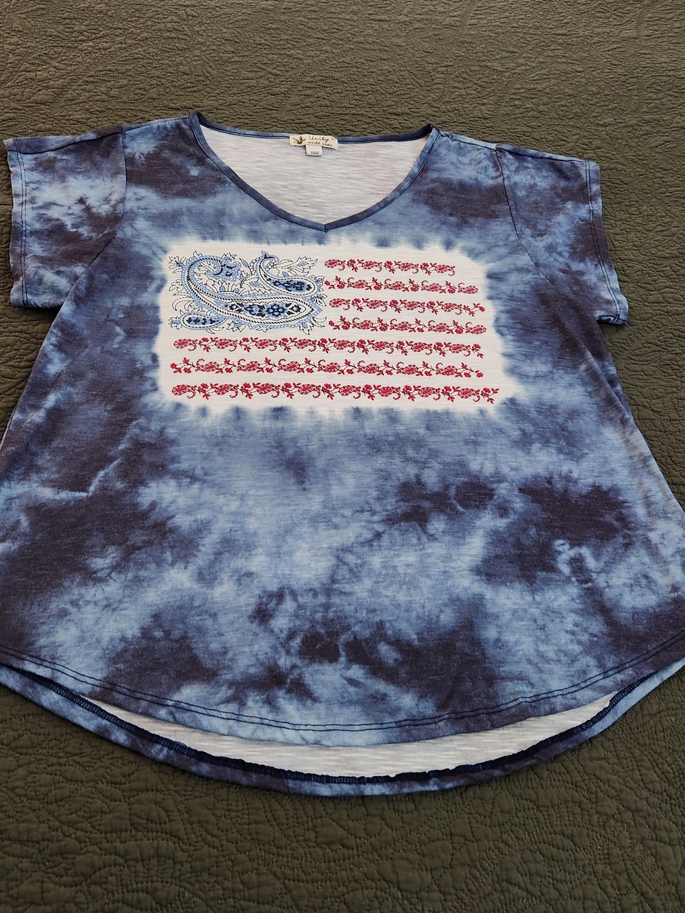 Unity World Wear Blue Tie-Dye Short Sleeve Tee with Red Paisley Flag